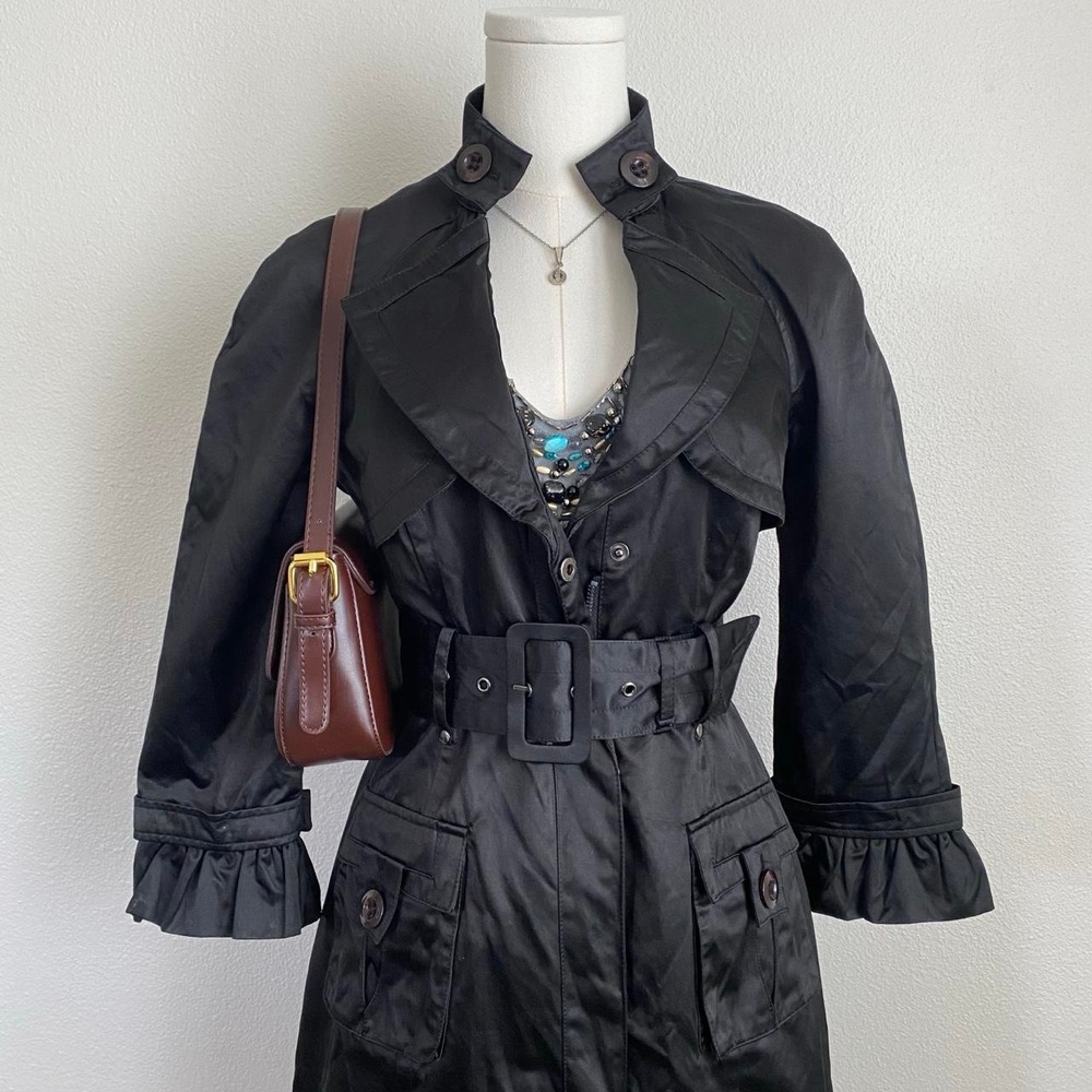 Bebe Black Satin Belted Trench Coat Jacket Collar Pockets Ruffle Trim Cuffs Goth